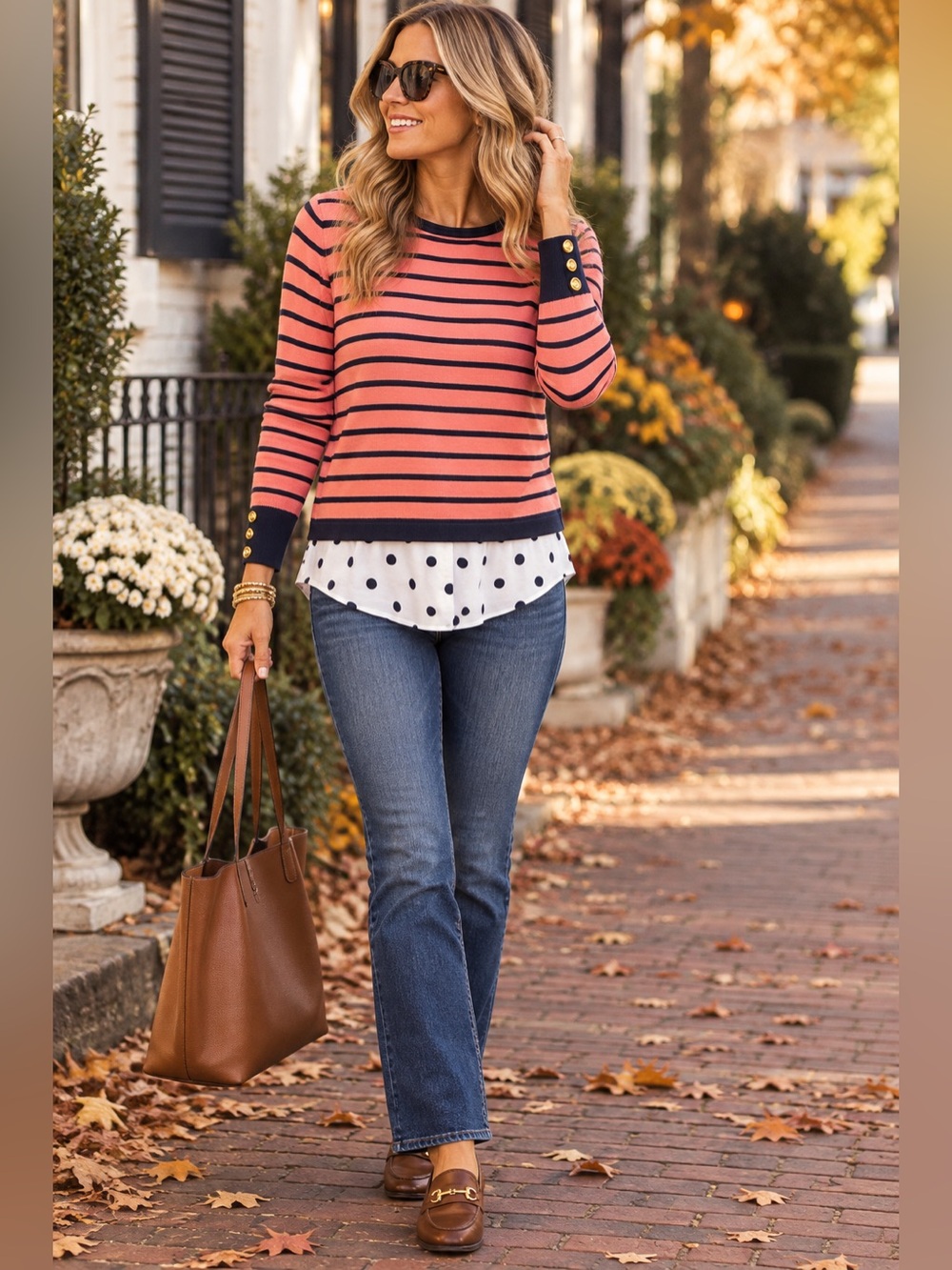 Crown & Ivy XS Coral Navy Striped Layered Look Sweater Polka Dot Hem